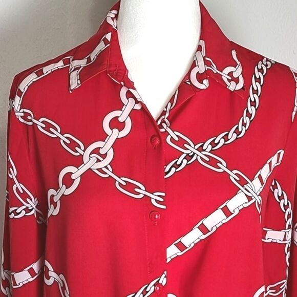 Susan Graver Red Blouse w/ White Chain Print, Longsleeve, Ties at Waist, Size 2 - Picture 3 of 9